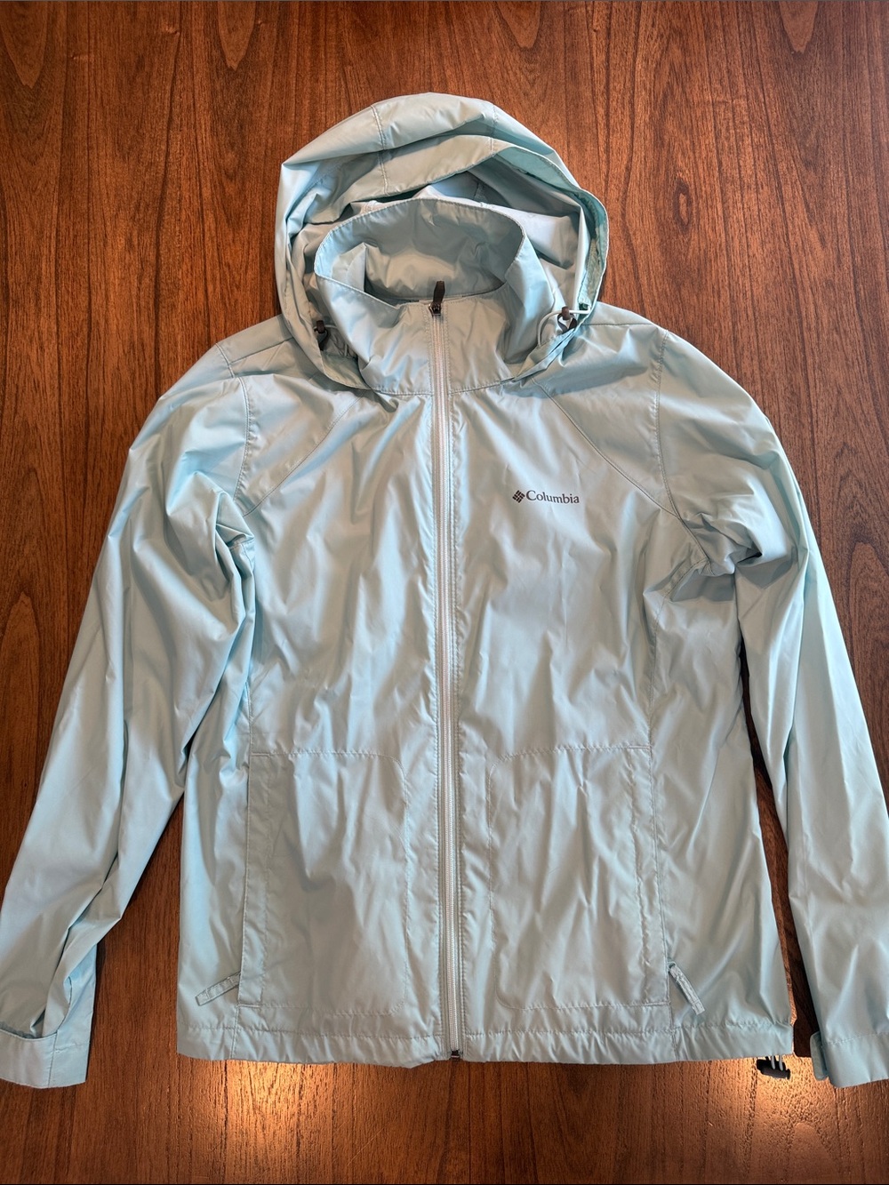 Columbia Women’s Light Blue Hooded Rain Jacket